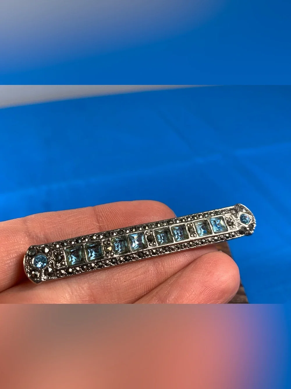 Vintage 1928 Silver Bar Blue Stone Marcasite Pin Brooch Art Deco Revival